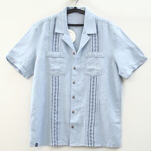 Criquet Embroidered Men's Shirt Pleated Short Sleeve Buttondown Cotton L 285217